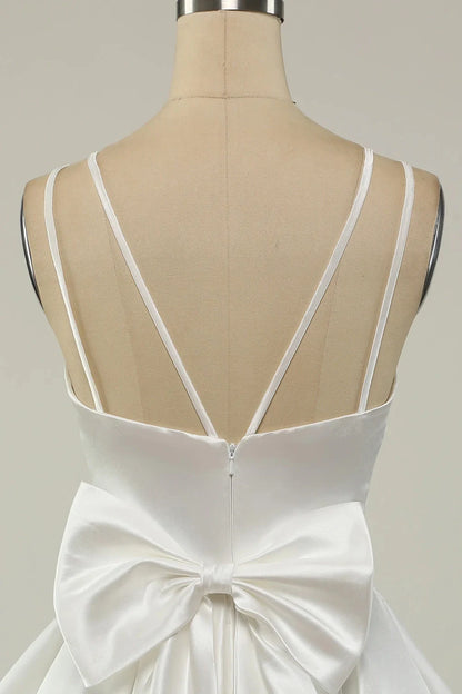 Aimishang Cute A-Line Spaghetti Straps Plunge V-Neck Sleeveless Back Bow Satin Short Homecoming Dress Women Party Gown