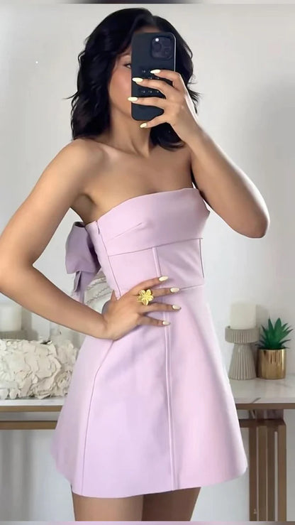 Aimishang Cute A-Line Strapless Sleeveless Short Birthday Party Dress Sweet Mini Homecoming Dress With Bow