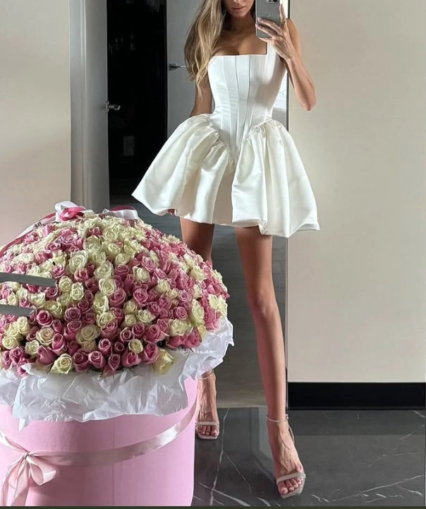 Aimishang Cute A-Line Straps Square Neck Sleeveless Satin Short Graduation Party Dress Pretty Homecoming Dress