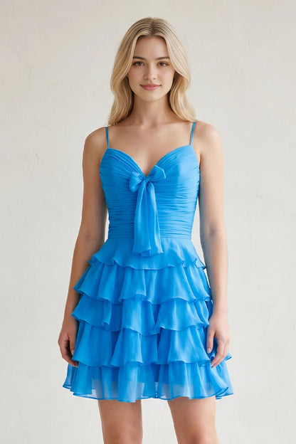 Aimishang Cute A-Line Sweetheart Sleeveless Ruffled Tiered Blue Chiffon Short Length Homecoming Dress