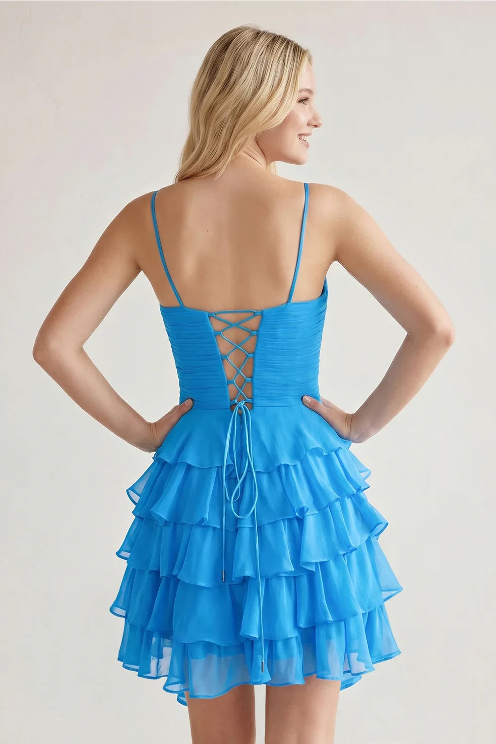 Aimishang Cute A-Line Sweetheart Sleeveless Ruffled Tiered Blue Chiffon Short Length Homecoming Dress