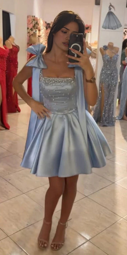 Aimishang Cute A Line Bow Straps Blue Satin Beaded Short Formal Birthday Party Dress Lovely Homecoming Dress