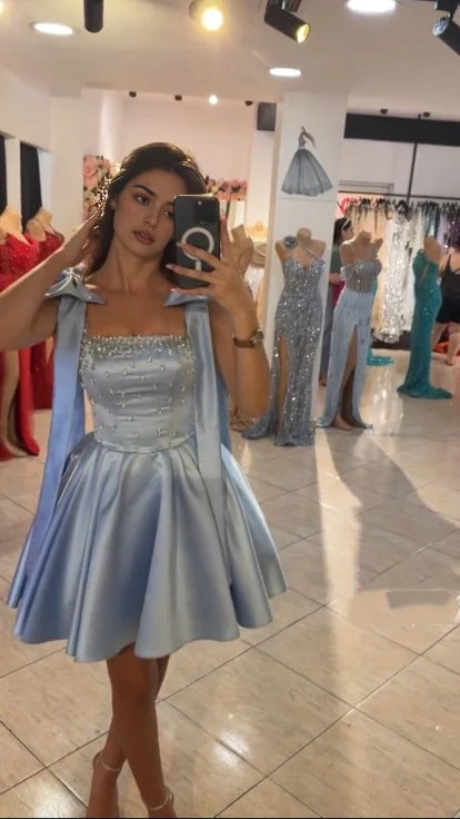 Aimishang Cute A Line Bow Straps Blue Satin Beaded Short Formal Birthday Party Dress Lovely Homecoming Dress