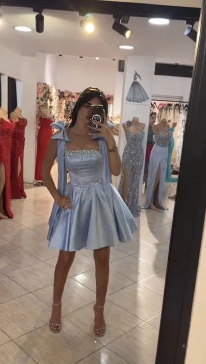 Aimishang Cute A Line Bow Straps Blue Satin Beaded Short Formal Birthday Party Dress Lovely Homecoming Dress