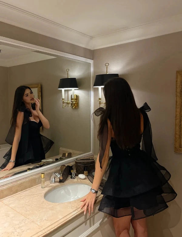 Aimishang Cute A Line Bow Straps Sweetheart Black Tulle Short Birthday Party Dress Lovely Homecoming Dress