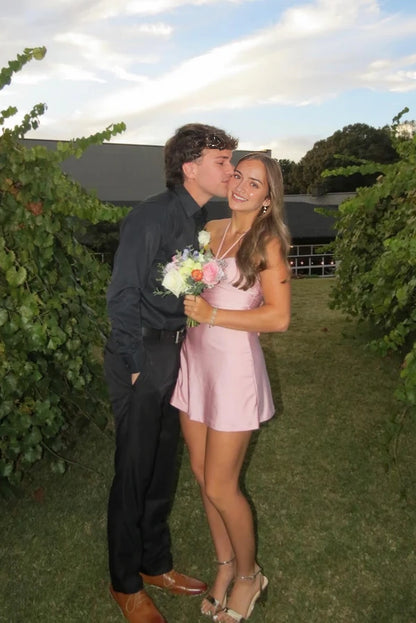 Aimishang Cute A Line Halter Neck Ruched Sleeveless Satin Short Party Homecoming Dress