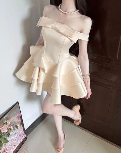 Aimishang Cute A Line Off The Shoulder Satin Layered Summer Short Graduation Party Dress Pretty Homecoming Dress