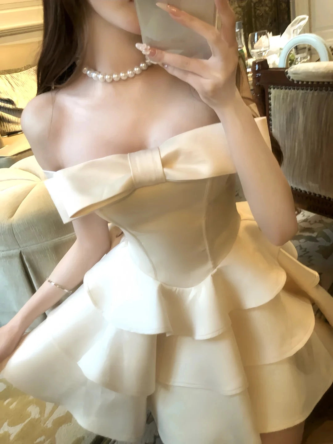 Aimishang Cute A Line Off The Shoulder Satin Layered Summer Short Graduation Party Dress Pretty Homecoming Dress