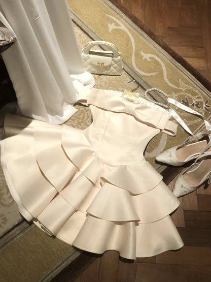 Aimishang Cute A Line Off The Shoulder Satin Layered Summer Short Graduation Party Dress Pretty Homecoming Dress