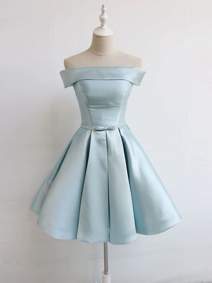 Aimishang Cute A Line Off the Shoulder Blue Satin Short Formal Prom Dress Classy Homecoming Dress