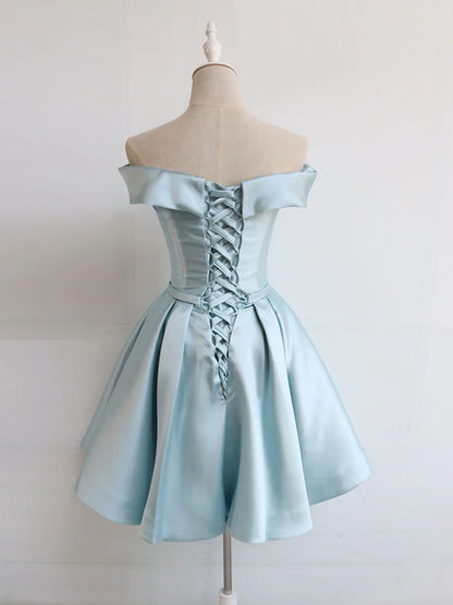 Aimishang Cute A Line Off the Shoulder Blue Satin Short Formal Prom Dress Classy Homecoming Dress