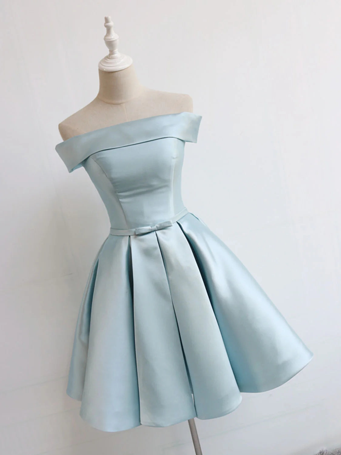 Aimishang Cute A Line Off the Shoulder Blue Satin Short Formal Prom Dress Classy Homecoming Dress