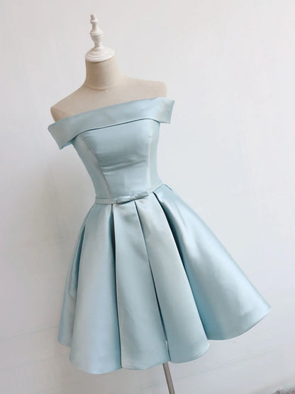 Aimishang Cute A Line Off the Shoulder Blue Satin Short Formal Prom Dress Classy Homecoming Dress