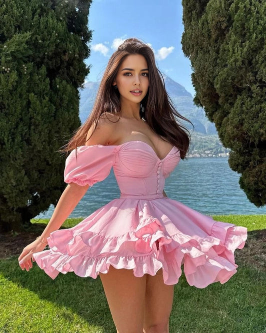 Aimishang Cute A Line Off the Shoulder Sweetheart Neck Ruffle Layered Short Homecoming Dresses Summer Birthday Party Dress