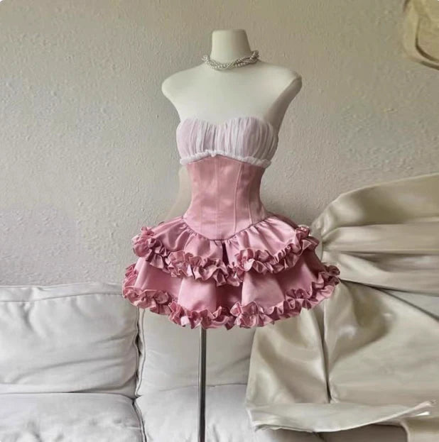 Aimishang Cute A Line Princess Pink Sweetheart Sleeveless Ruffle Short Prom Dress Lovely Homecoming Dress Pretty Birthday Party Dress
