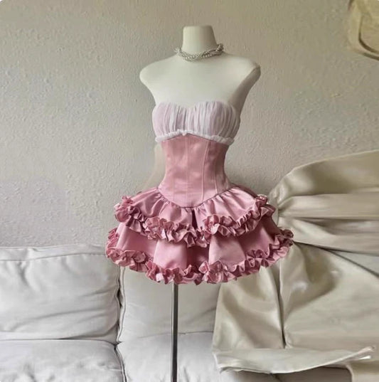 Aimishang Cute A Line Princess Pink Sweetheart Sleeveless Ruffle Short Prom Dress Lovely Homecoming Dress Pretty Birthday Party Dress