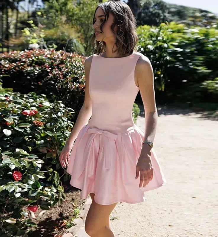 Aimishang Cute A Line Sleeveless Pleated Cocktail Dress Short Summer Party Homecoming Dress with Bow