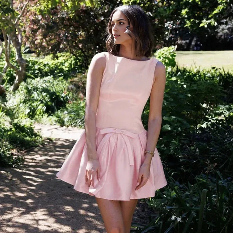 Aimishang Cute A Line Sleeveless Pleated Cocktail Dress Short Summer Party Homecoming Dress with Bow