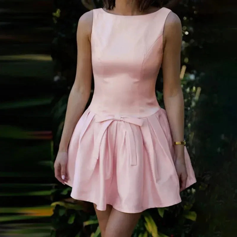 Aimishang Cute A Line Sleeveless Pleated Cocktail Dress Short Summer Party Homecoming Dress with Bow