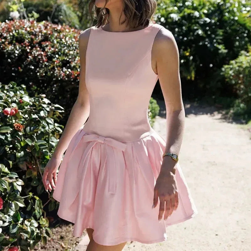 Aimishang Cute A Line Sleeveless Pleated Cocktail Dress Short Summer Party Homecoming Dress with Bow