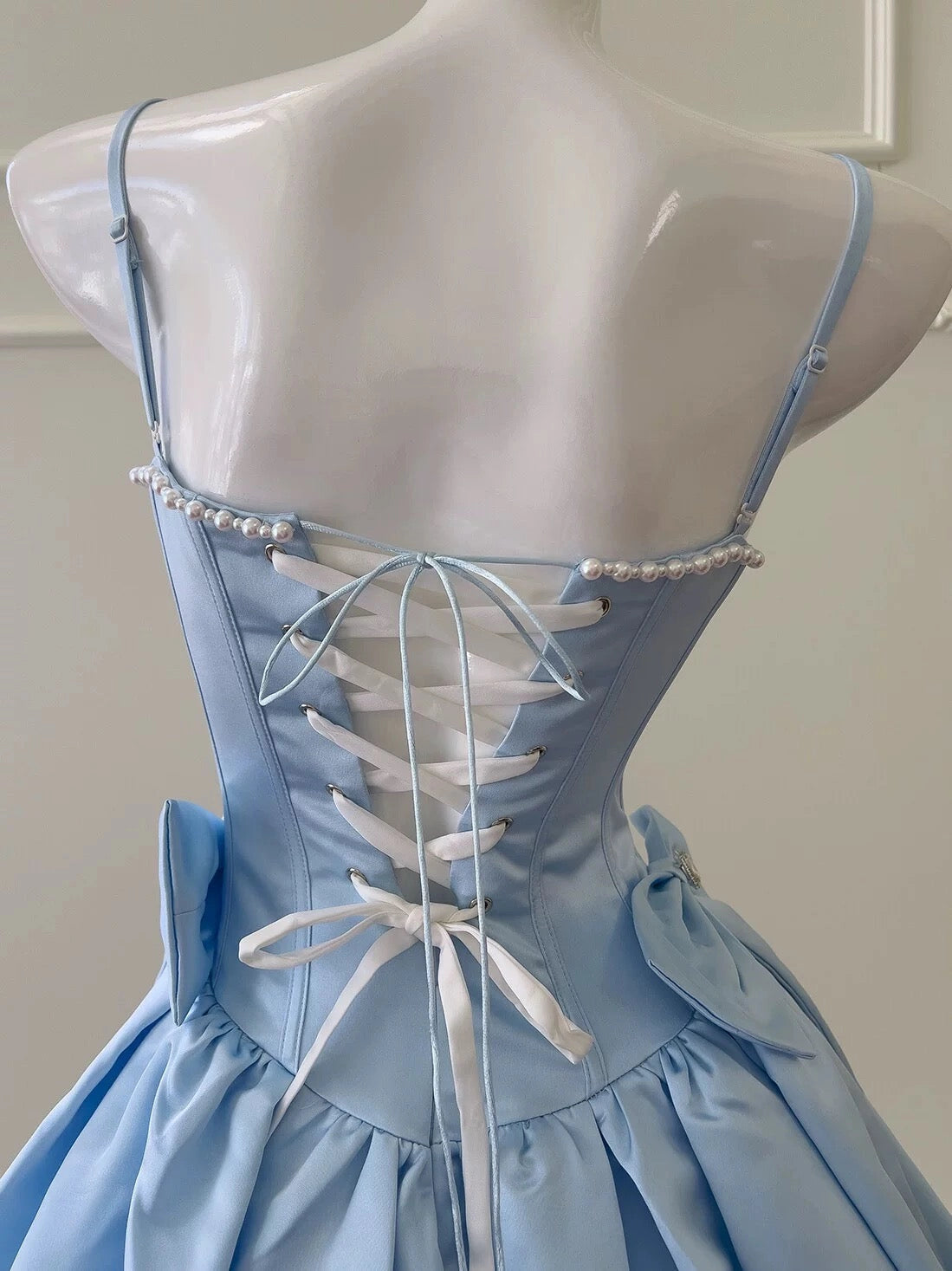 Aimishang Cute A Line Spaghetti Straps Blue Sleeveless Lace-Up Back Short Homecoming Dress Pretty Birthday Party Dress With Bow