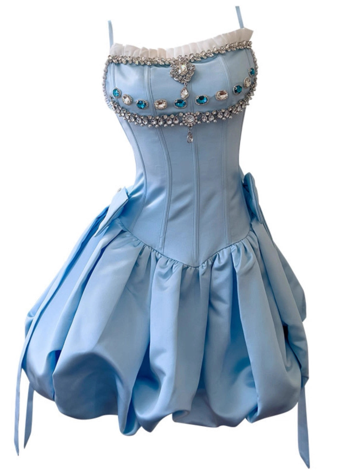 Aimishang Cute A Line Spaghetti Straps Blue Sleeveless Lace-Up Back Short Homecoming Dress Pretty Birthday Party Dress With Bow