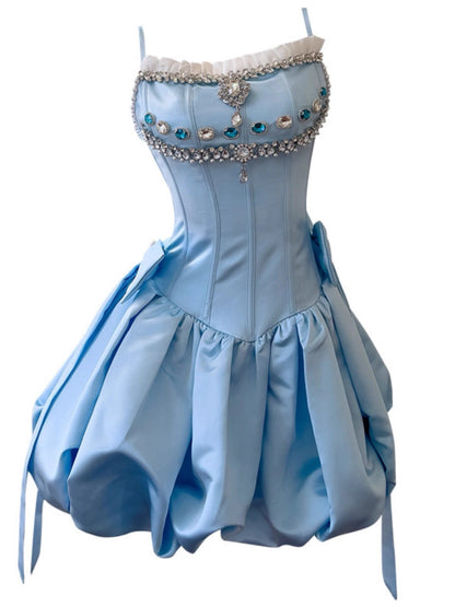 Aimishang Cute A Line Spaghetti Straps Blue Sleeveless Lace-Up Back Short Homecoming Dress Pretty Birthday Party Dress With Bow
