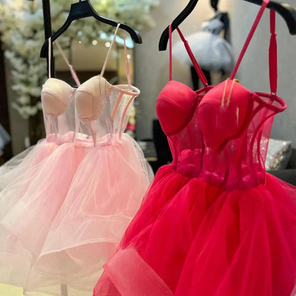 Aimishang Cute A Line Spaghetti Straps Light Blue / Pink / Red Sleeveless Short Birthday Party Dress Lovely Homecoming Dresses