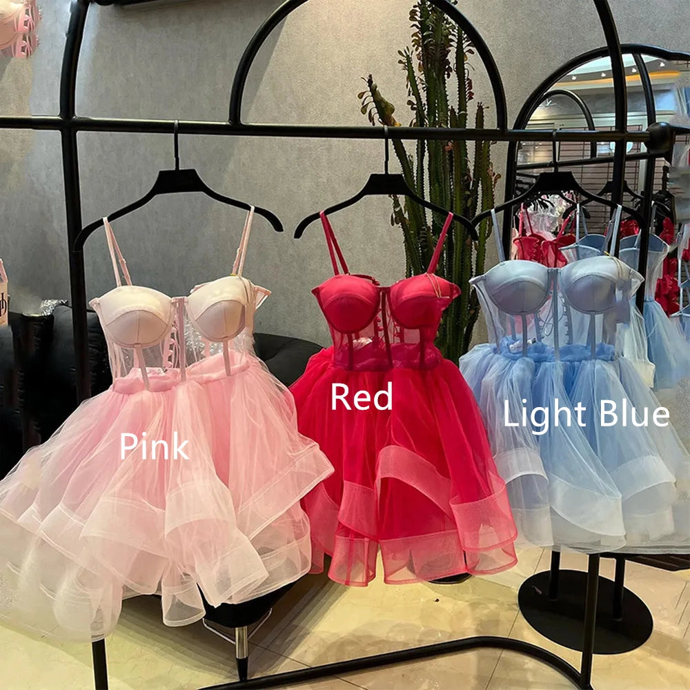 Aimishang Cute A Line Spaghetti Straps Light Blue / Pink / Red Sleeveless Short Birthday Party Dress Lovely Homecoming Dresses