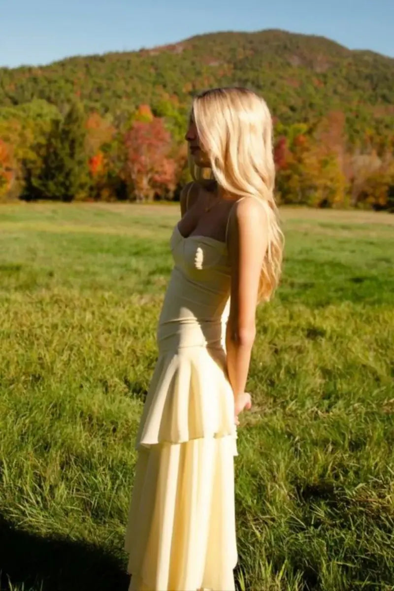 Aimishang Cute A Line Spaghetti Straps Sleeveless Graduation Party Dress Elegant Long Formal Prom Dress With Ruffles
