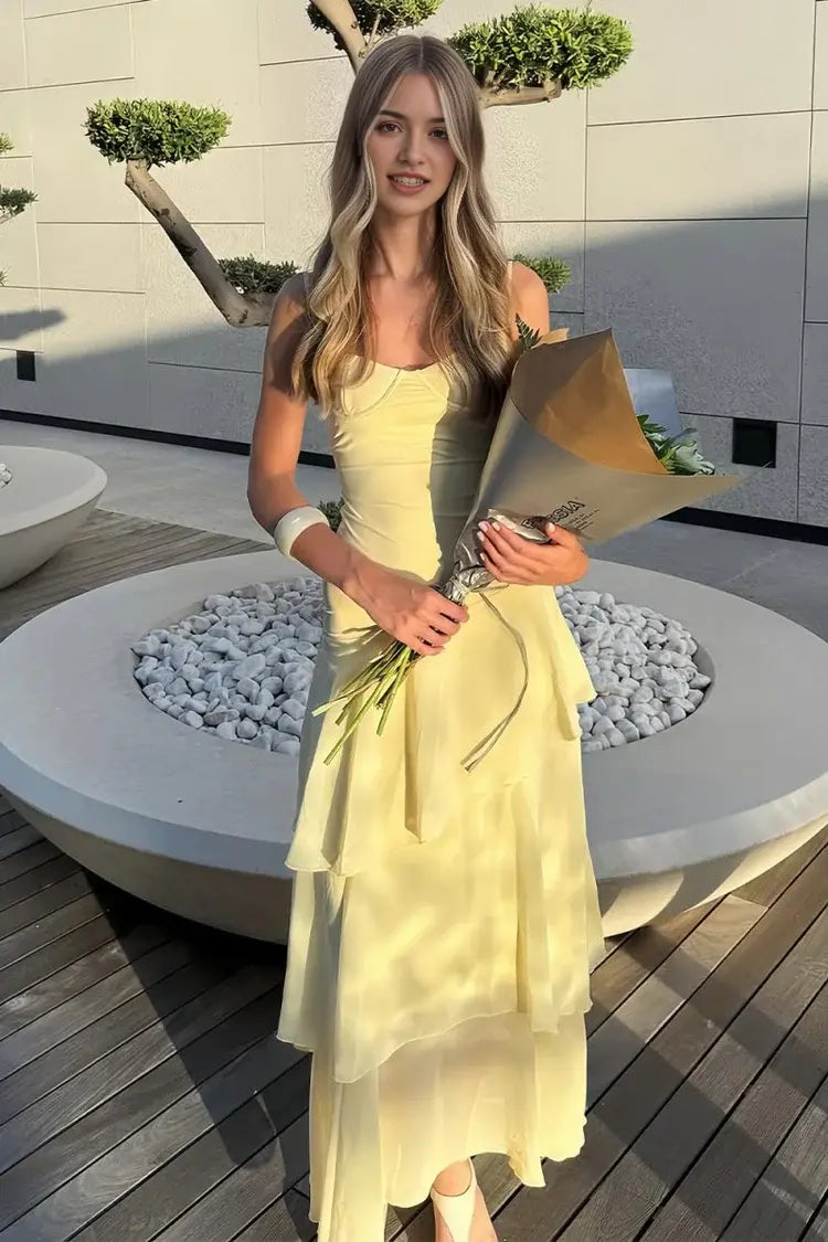 Aimishang Cute A Line Spaghetti Straps Sleeveless Graduation Party Dress Elegant Long Formal Prom Dress With Ruffles