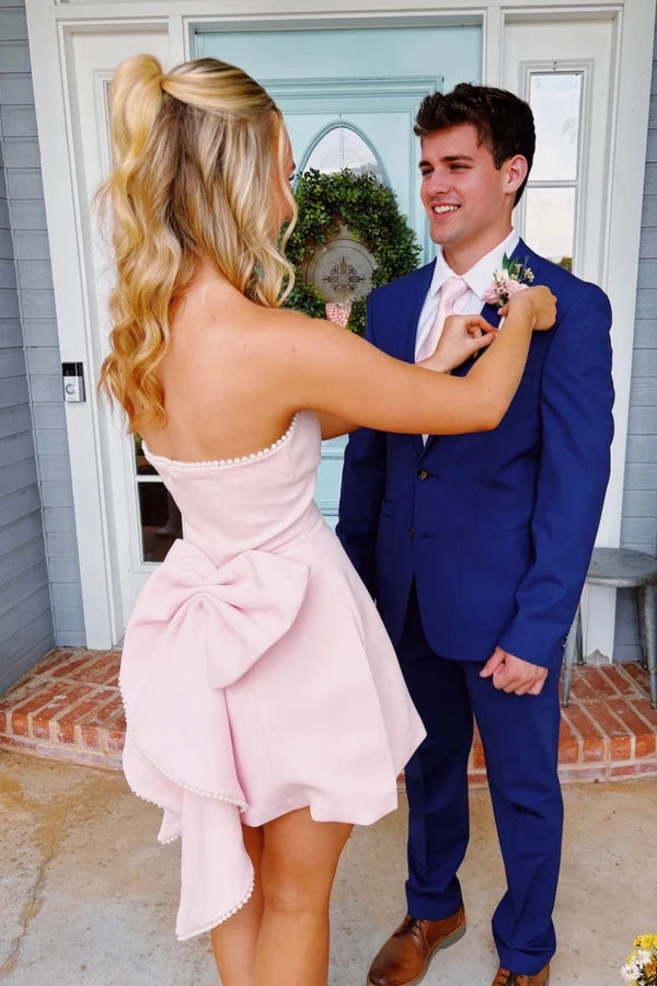 Aimishang Cute A Line Strapless Sleeveless Pearl Trim Short Homecoming Dress with Back Bow