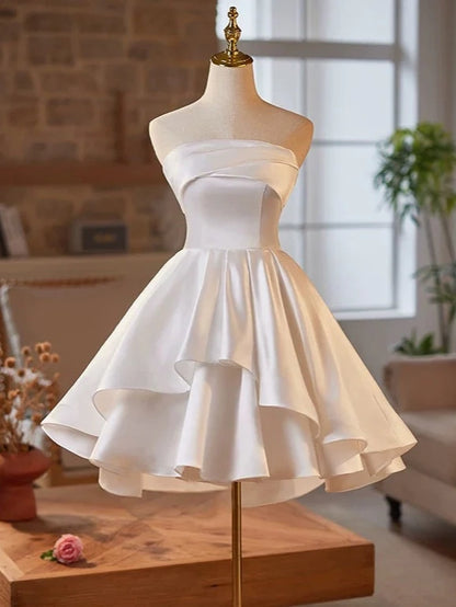 Aimishang Cute A Line Strapless Sleeveless Satin Short Prom Dres Simple Homecoming Dress