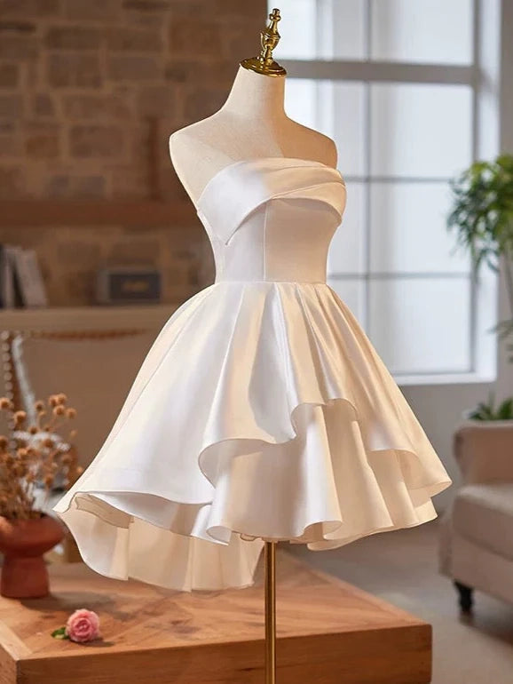 Aimishang Cute A Line Strapless Sleeveless Satin Short Prom Dres Simple Homecoming Dress