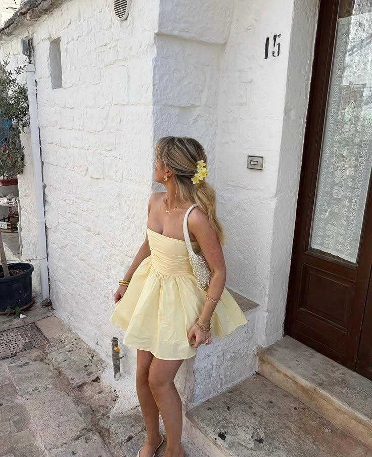 Aimishang Cute A Line Yellow Strapless Sleeveless Short Homecoming Dress Mini Summer Party Dress