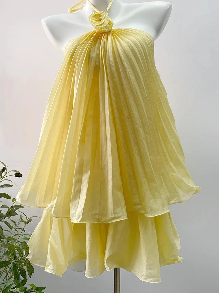 Aimishang Cute A line Halter Yellow Sleeveless Pleated Summer Short Graduation Party Dress Sweet Homecoming Dress