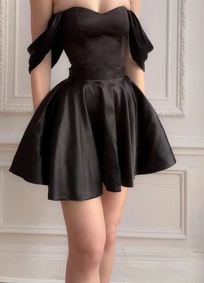 Aimishang Cute Black A Line Off The Shoulder Satin Summer Short Graduation Party Dress Simple Homecoming Dress