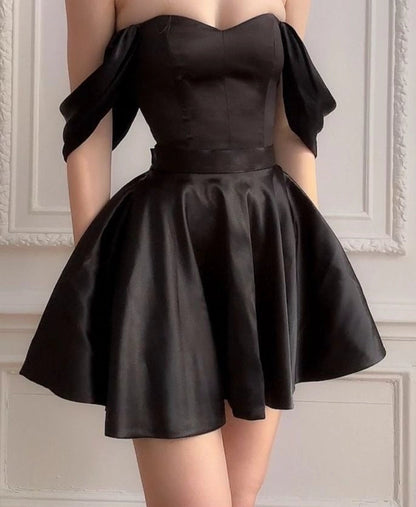 Aimishang Cute Black A Line Off The Shoulder Satin Summer Short Graduation Party Dress Simple Homecoming Dress