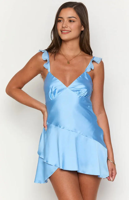 Aimishang Cute Blue Straps V-neck Sleeveless Ruffle Short Party Prom Dress Lovely Mini Homecoming Dress