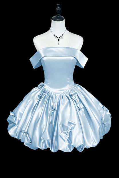 Aimishang Cute Off-the-Shoulder Blue Satin A Line Short Party Prom Dress Lovely Homecoming Dress with Bow
