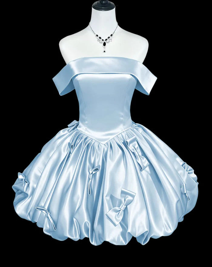 Aimishang Cute Off-the-Shoulder Blue Satin A Line Short Party Prom Dress Lovely Homecoming Dress with Bow