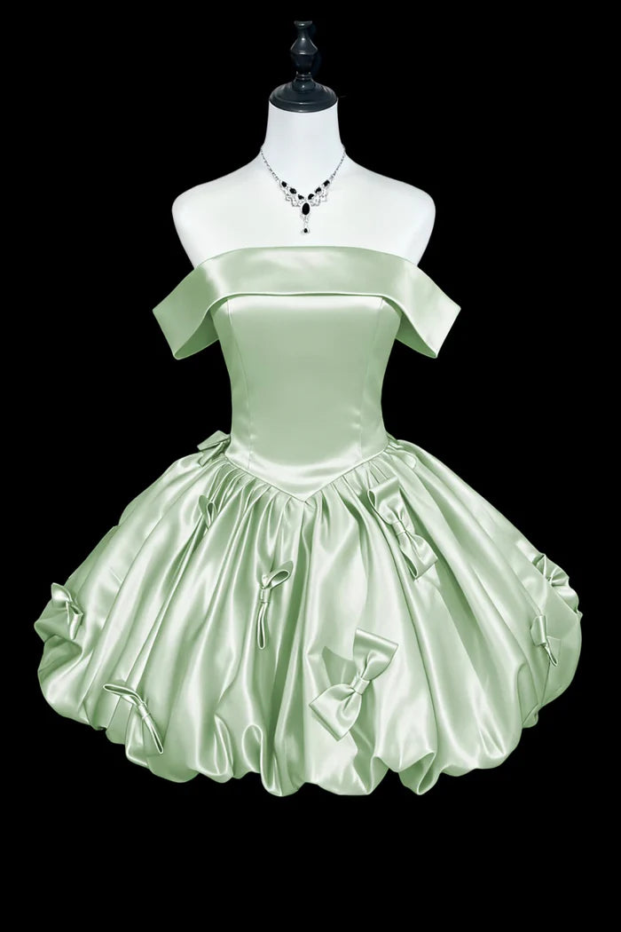 Aimishang Cute Off-the-Shoulder Green Satin A Line Short Party Prom Dress Lovely Homecoming Dress with Bow
