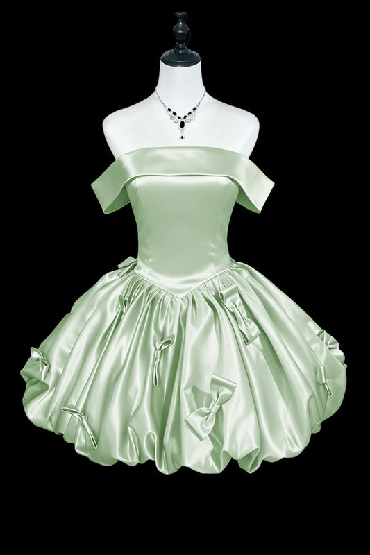 Aimishang Cute Off-the-Shoulder Green Satin A Line Short Party Prom Dress Lovely Homecoming Dress with Bow