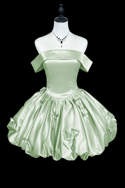 Aimishang Cute Off-the-Shoulder Green Satin A Line Short Party Prom Dress Lovely Homecoming Dress with Bow