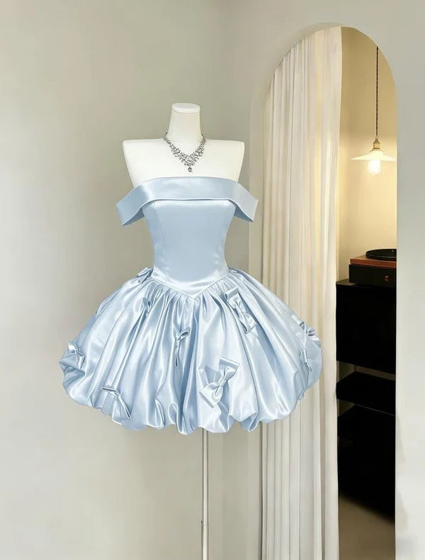 Aimishang Cute Off Shoulder A Line Short Formal Birthday Party Dress Lovely Satin Homecoming Dress with Bow