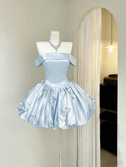 Aimishang Cute Off Shoulder A Line Short Formal Birthday Party Dress Lovely Satin Homecoming Dress with Bow