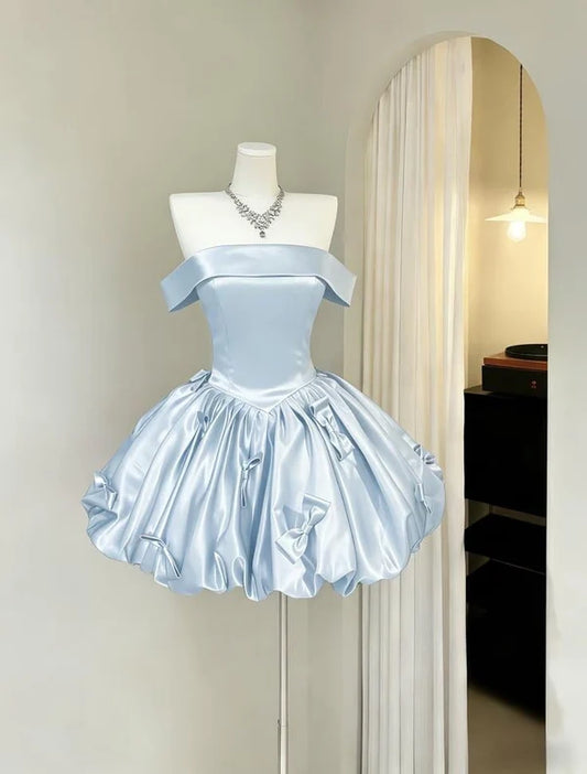 Aimishang Cute Off Shoulder A Line Short Formal Birthday Party Dress Lovely Satin Homecoming Dress with Bow