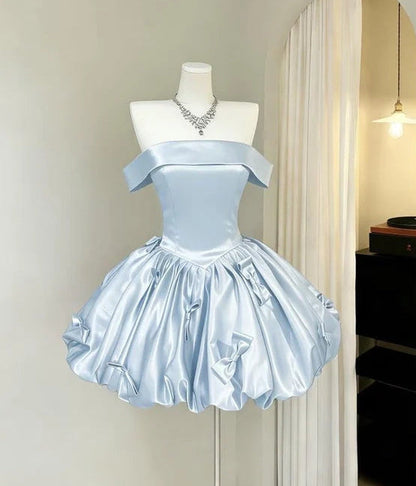 Aimishang Cute Off Shoulder A Line Short Formal Birthday Party Dress Lovely Satin Homecoming Dress with Bow