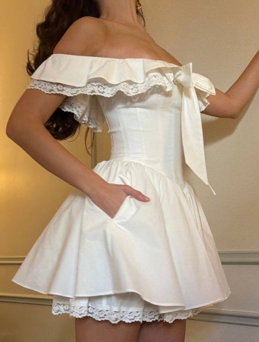 Aimishang Cute Off The Shoulder A Line Short Summer Homecoming Dress Lovely Graduation Party Dress With Bow