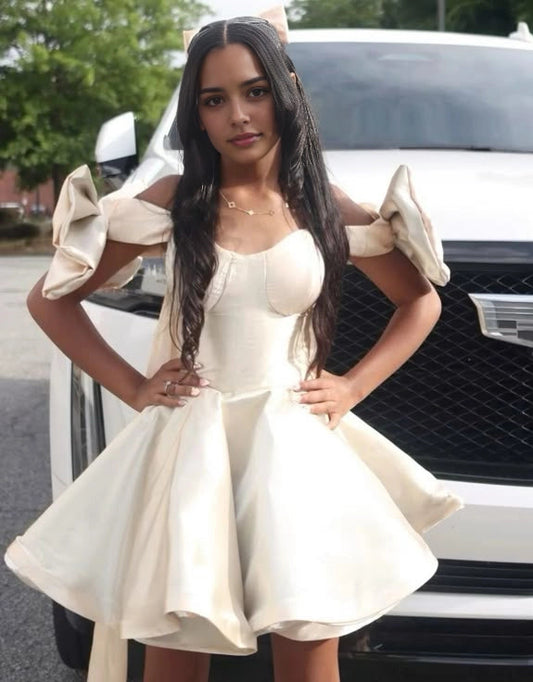 Aimishang Cute Off The Shoulder A Line Short Homecoming Dress Lovely Graduation Party Dress With Bow